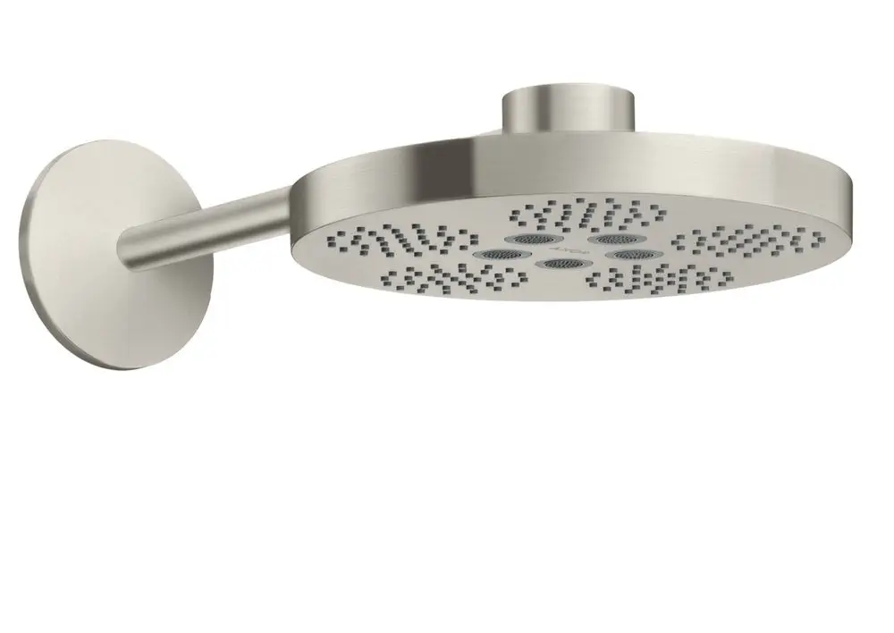 Kopfbrause aus Edelstahl mit zwei Strahlarten und Brausearm. Design von AXOR, montiert an der Wand, rund mit strukturiertem Düsenauslass.